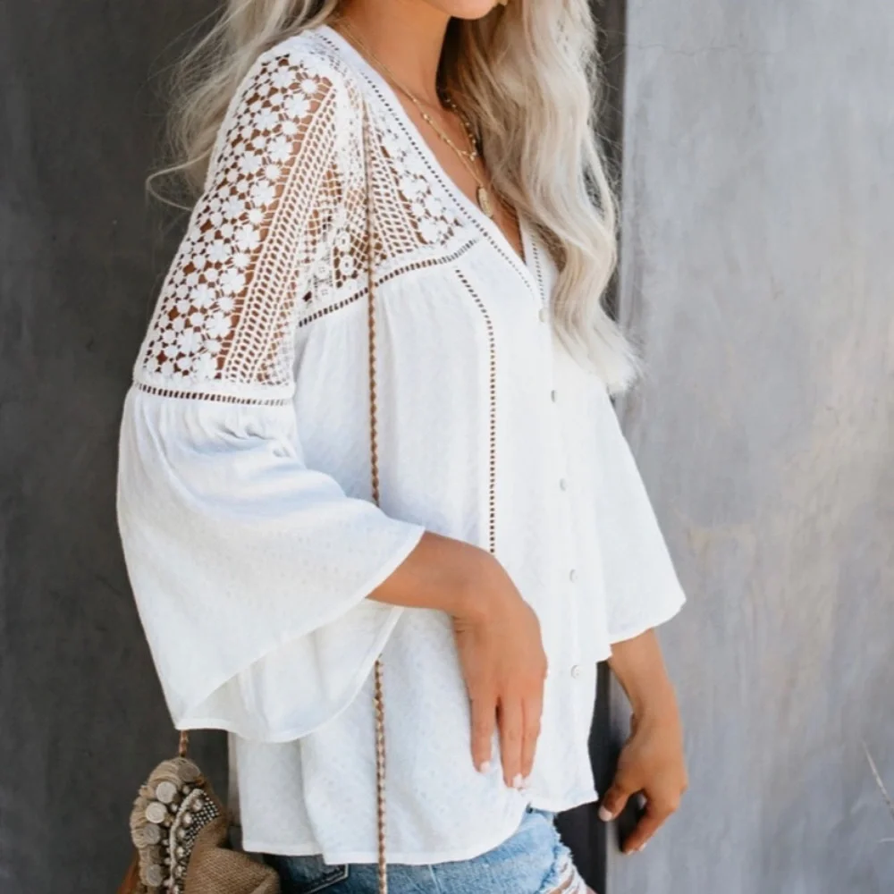 Boho White Lace Festival Button Front Blouse - Picture 4 of 10